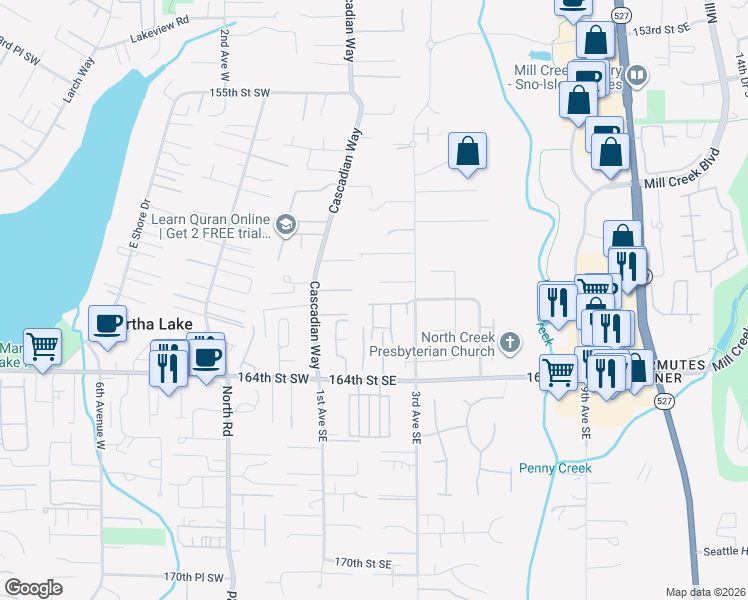 map of restaurants, bars, coffee shops, grocery stores, and more near 16124 2nd Avenue Southeast in Bothell