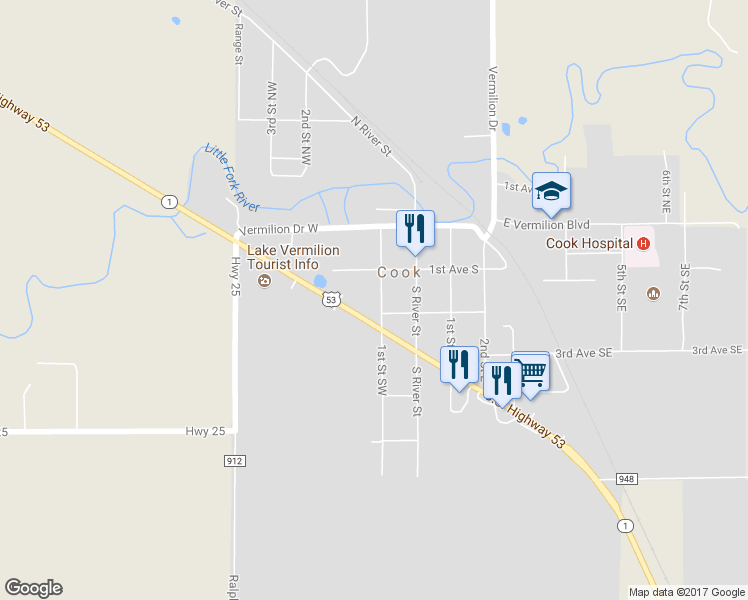 map of restaurants, bars, coffee shops, grocery stores, and more near 125 1st Street East in Cook