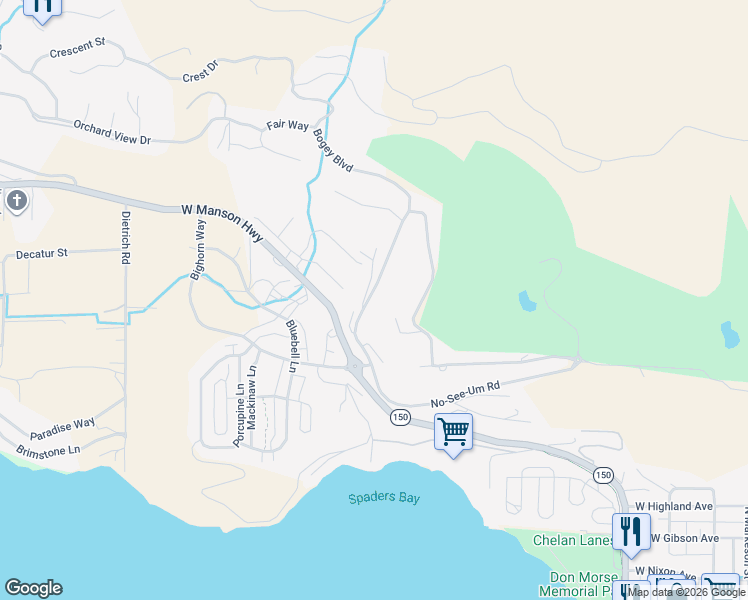 map of restaurants, bars, coffee shops, grocery stores, and more near 132 Washington 150 in Chelan