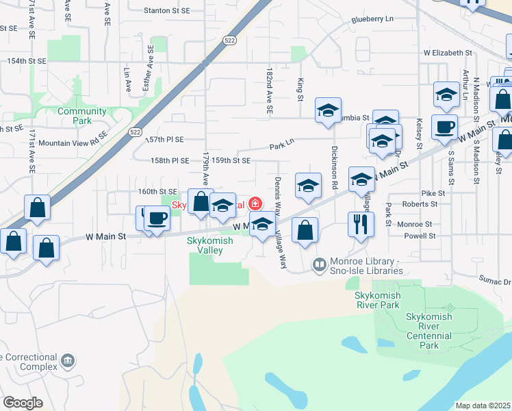 map of restaurants, bars, coffee shops, grocery stores, and more near 1221 West Main Street in Monroe