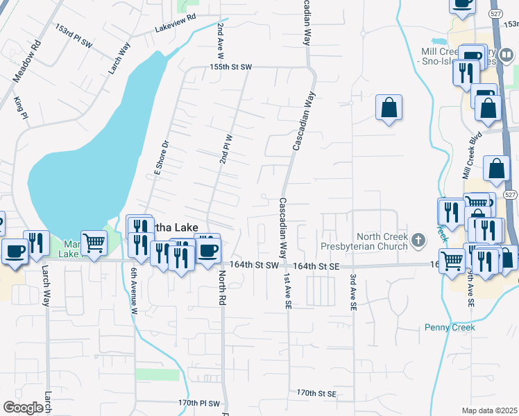 map of restaurants, bars, coffee shops, grocery stores, and more near 160th Place Southeast in Snohomish County