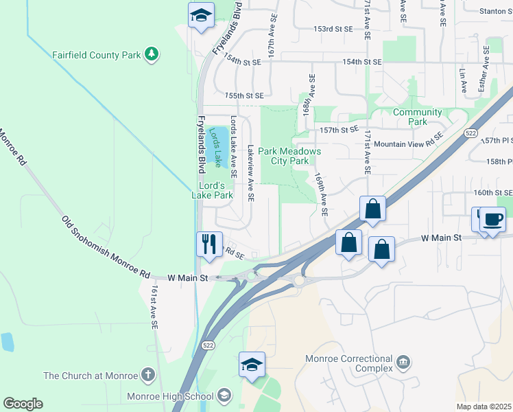 map of restaurants, bars, coffee shops, grocery stores, and more near 16073 Lakeview Avenue Southeast in Monroe