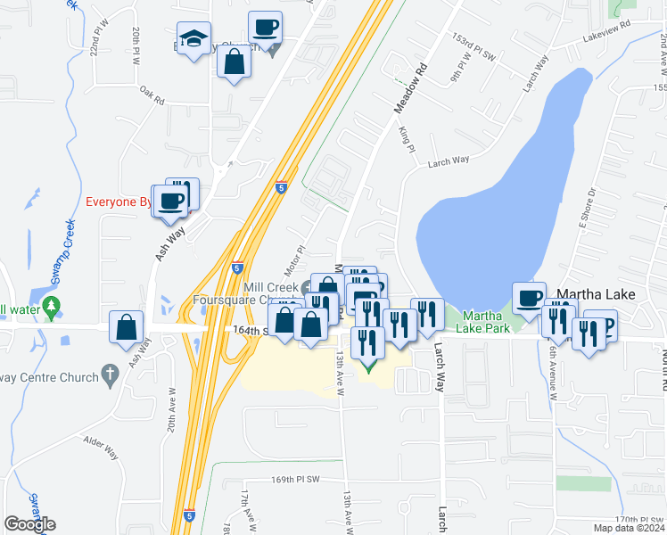 map of restaurants, bars, coffee shops, grocery stores, and more near 16201 Meadow Road in Lynnwood