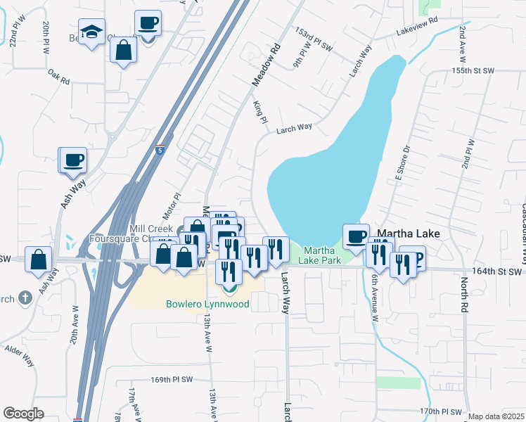 map of restaurants, bars, coffee shops, grocery stores, and more near 16119 Larch Way in Lynnwood