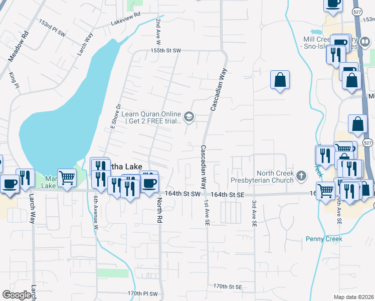 map of restaurants, bars, coffee shops, grocery stores, and more near 16122 Cascadian Way in Bothell