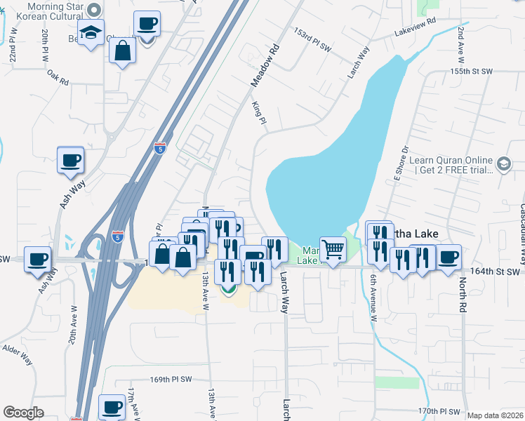 map of restaurants, bars, coffee shops, grocery stores, and more near 16119 Larch Way in Lynnwood