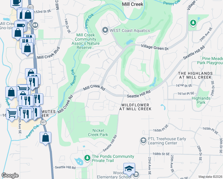 map of restaurants, bars, coffee shops, grocery stores, and more near 1908 Mill Pointe Drive Southeast in Mill Creek