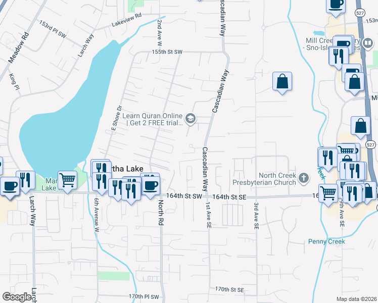 map of restaurants, bars, coffee shops, grocery stores, and more near 16122 Cascadian Way in Bothell