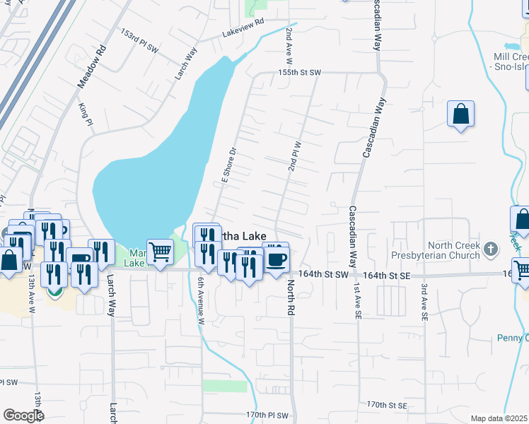 map of restaurants, bars, coffee shops, grocery stores, and more near 16122 2nd Place West in Lynnwood