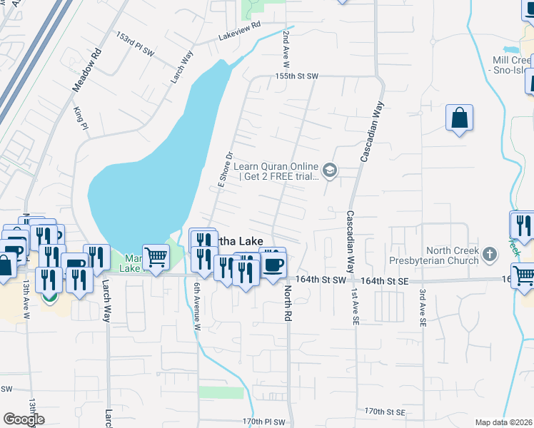 map of restaurants, bars, coffee shops, grocery stores, and more near 229 161St Place Southwest in Lynnwood