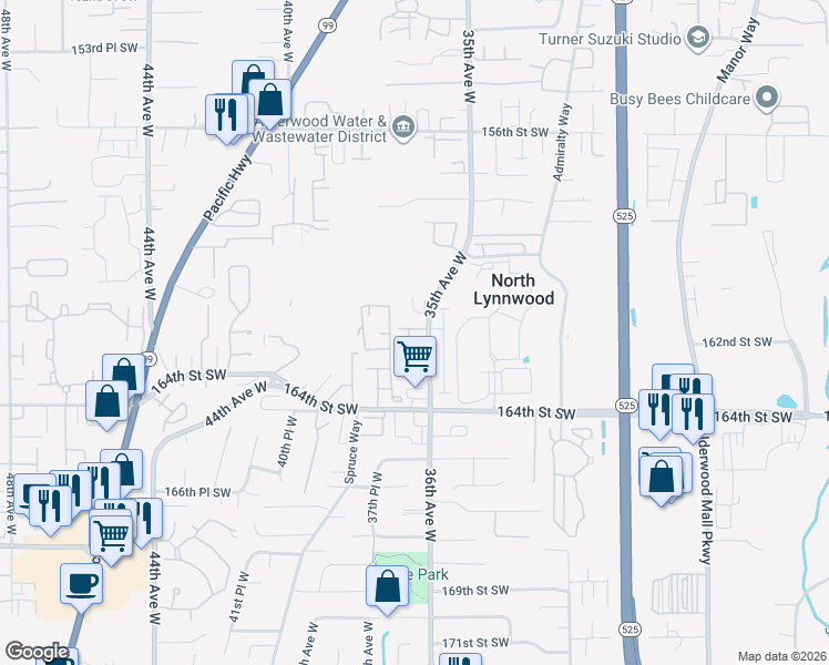 map of restaurants, bars, coffee shops, grocery stores, and more near 16206 36th Avenue West in Lynnwood