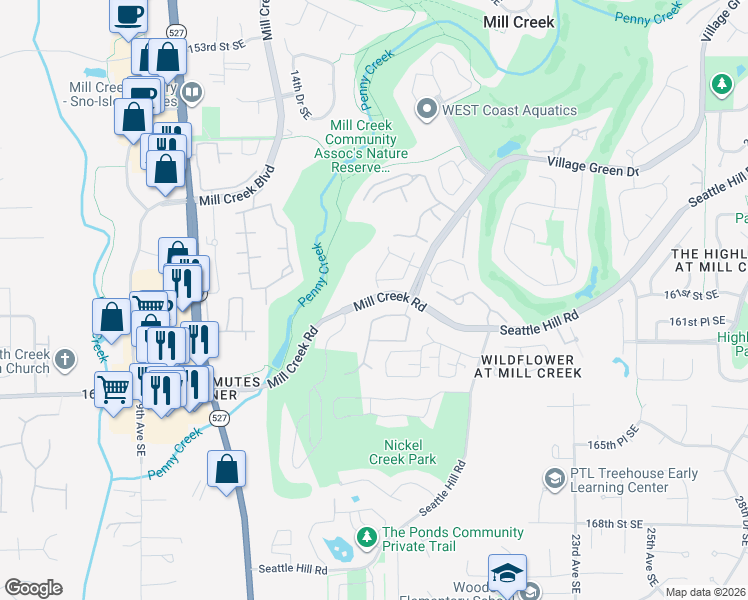 map of restaurants, bars, coffee shops, grocery stores, and more near 1466 Mill Creek Road in Mill Creek