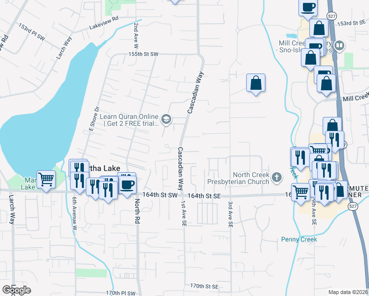 map of restaurants, bars, coffee shops, grocery stores, and more near 16127 Cascadian Way in Bothell