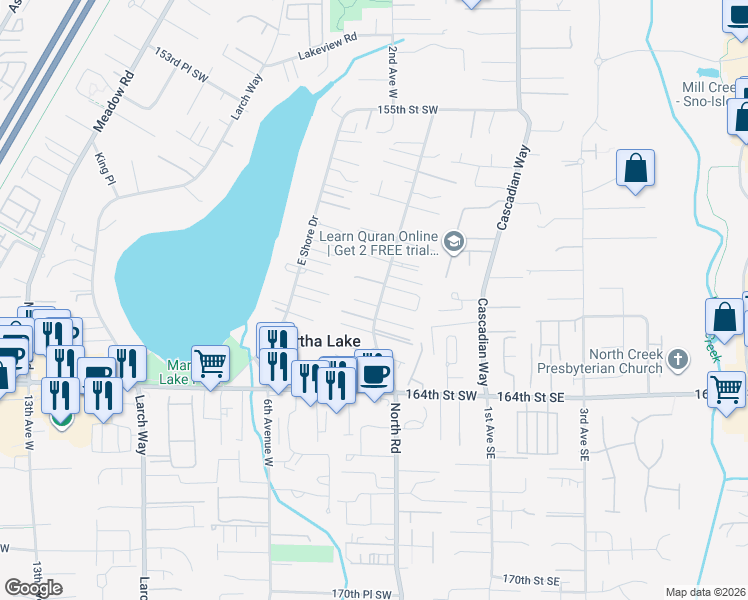 map of restaurants, bars, coffee shops, grocery stores, and more near 229 161St Place Southwest in Lynnwood