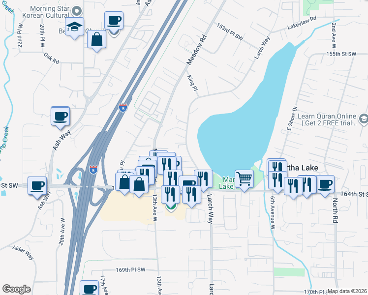 map of restaurants, bars, coffee shops, grocery stores, and more near 16126 Larch Way in Lynnwood