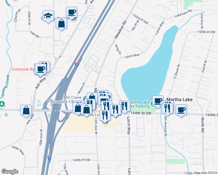 map of restaurants, bars, coffee shops, grocery stores, and more near 16130 Larch Way in Lynnwood