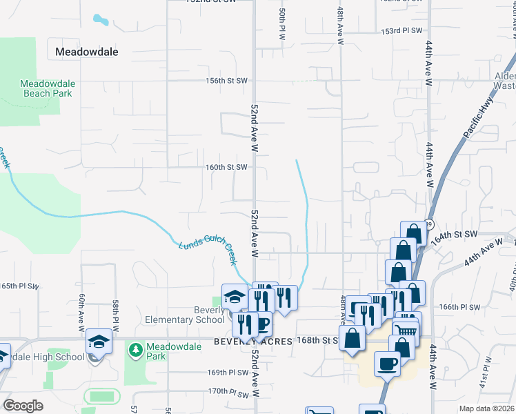 map of restaurants, bars, coffee shops, grocery stores, and more near 5200 162nd Place Southwest in Edmonds