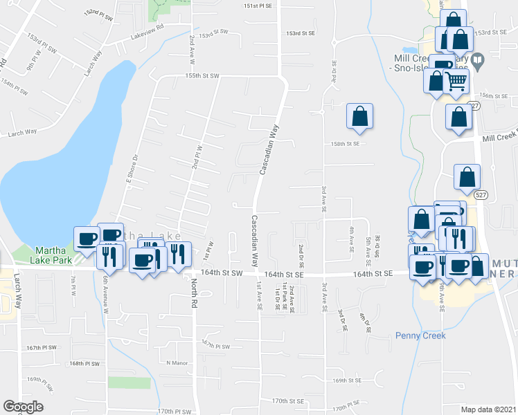map of restaurants, bars, coffee shops, grocery stores, and more near 16127 Cascadian Way in Bothell