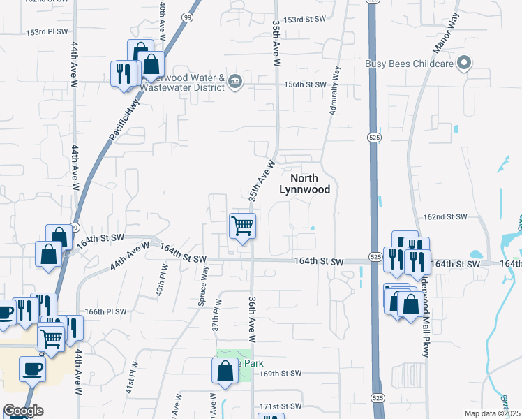 map of restaurants, bars, coffee shops, grocery stores, and more near 16333 36th Avenue West in Lynnwood