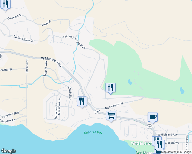 map of restaurants, bars, coffee shops, grocery stores, and more near 132 Washington 150 in Chelan