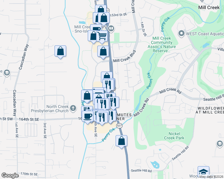 map of restaurants, bars, coffee shops, grocery stores, and more near 16212 Bothell Everett Highway in Mill Creek