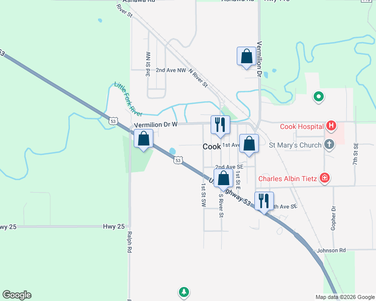 map of restaurants, bars, coffee shops, grocery stores, and more near 125 1st Street East in Cook