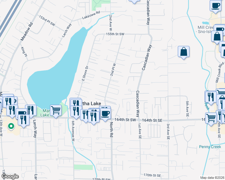 map of restaurants, bars, coffee shops, grocery stores, and more near 16123 2nd Place West in Lynnwood