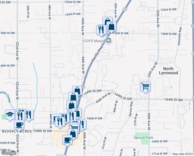 map of restaurants, bars, coffee shops, grocery stores, and more near 16101 Highway 99 in Lynnwood