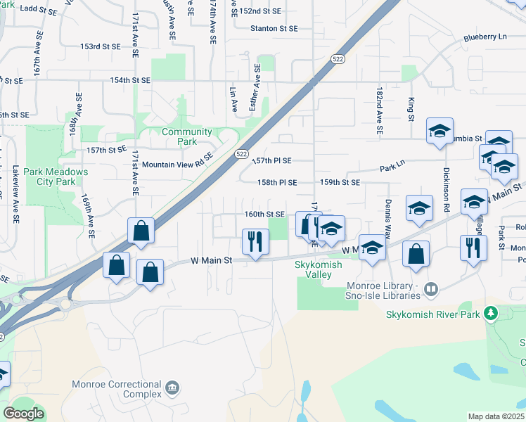 map of restaurants, bars, coffee shops, grocery stores, and more near 17701 160th Street Southeast in Monroe