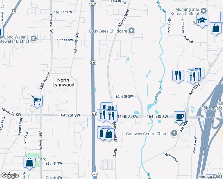 map of restaurants, bars, coffee shops, grocery stores, and more near 16015 Manor Way in Lynnwood