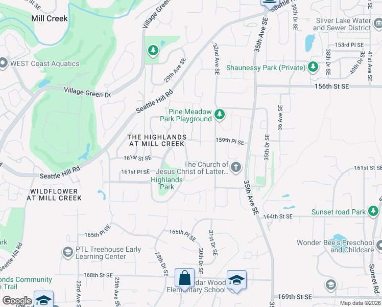 map of restaurants, bars, coffee shops, grocery stores, and more near 16019 29th Drive Southeast in Mill Creek