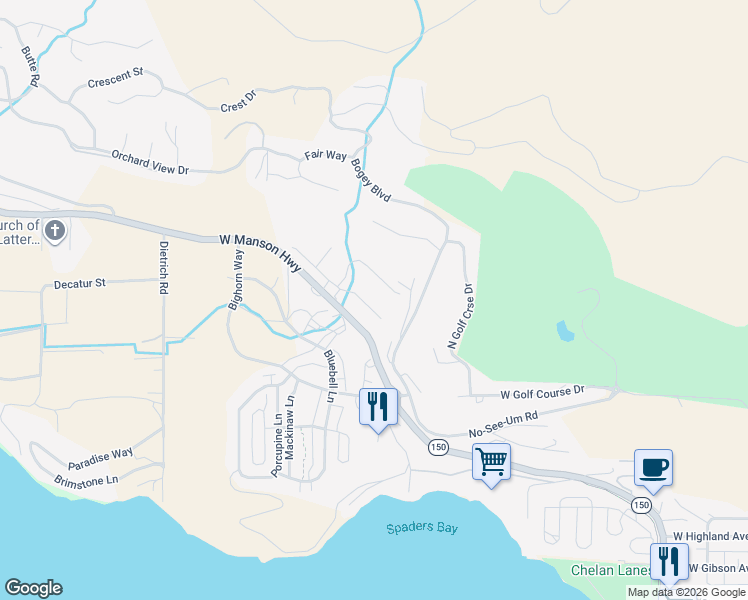 map of restaurants, bars, coffee shops, grocery stores, and more near 116 Hillcrest Place in Chelan