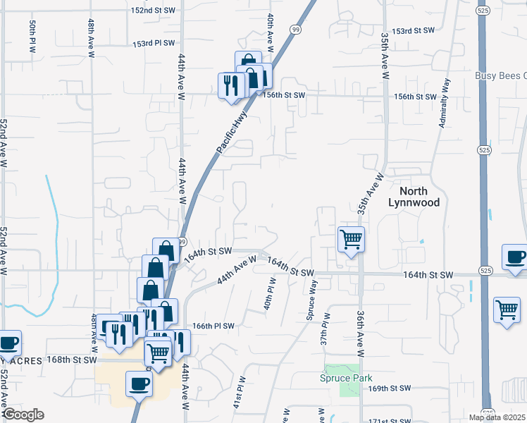 map of restaurants, bars, coffee shops, grocery stores, and more near 4015 164th Place Southwest in Lynnwood