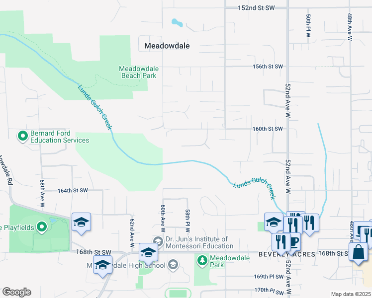 map of restaurants, bars, coffee shops, grocery stores, and more near 5724 161st Street Southwest in Meadowdale