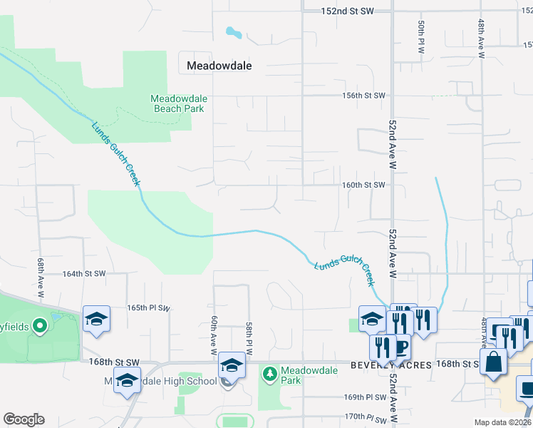 map of restaurants, bars, coffee shops, grocery stores, and more near 5724 161st Street Southwest in Meadowdale
