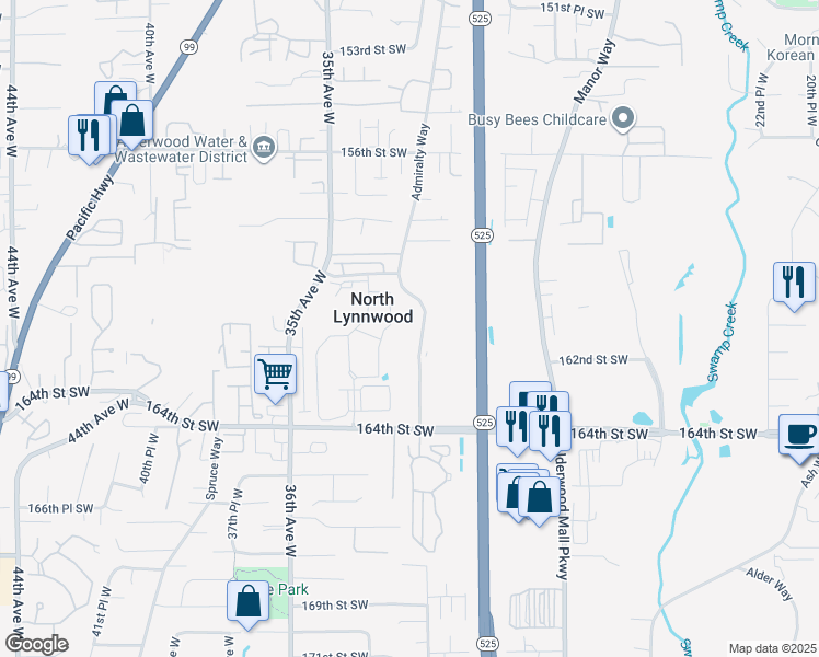 map of restaurants, bars, coffee shops, grocery stores, and more near 16200 Admiralty Way in Lynnwood