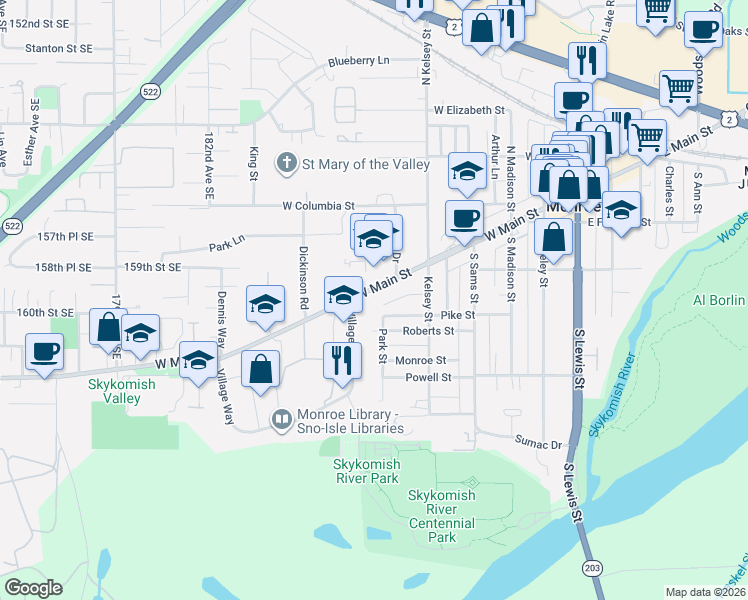 map of restaurants, bars, coffee shops, grocery stores, and more near 654 West Main Street in Monroe
