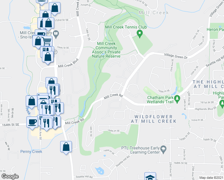 map of restaurants, bars, coffee shops, grocery stores, and more near 16026 Village Green Drive in Mill Creek