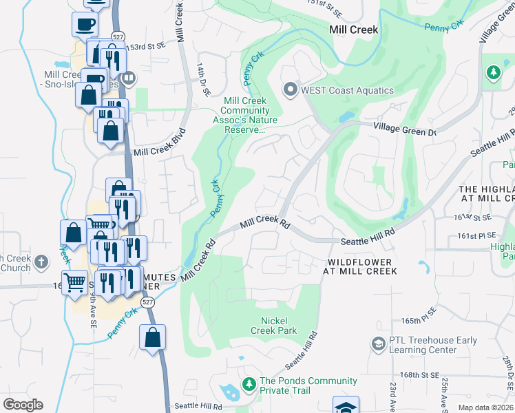 map of restaurants, bars, coffee shops, grocery stores, and more near 16014 Village Green Drive in Mill Creek