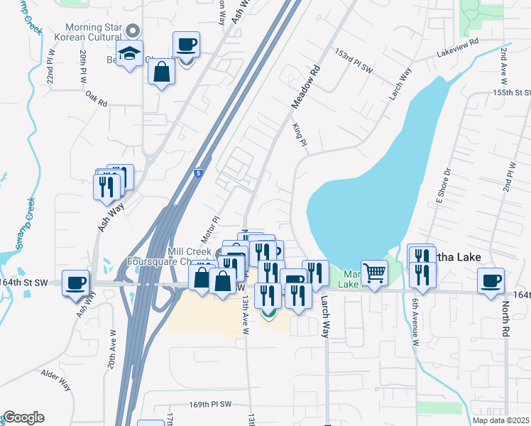 map of restaurants, bars, coffee shops, grocery stores, and more near 1208 160th Street Southwest in Lynnwood