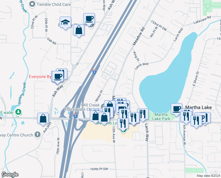 map of restaurants, bars, coffee shops, grocery stores, and more near 16002 Meadow Road in Lynnwood