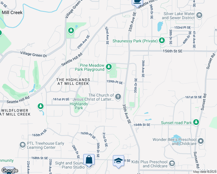 map of restaurants, bars, coffee shops, grocery stores, and more near 15917 32nd Avenue Southeast in Mill Creek