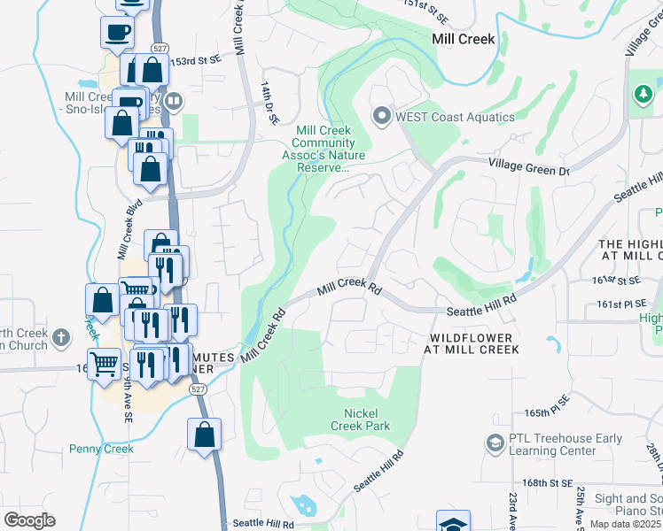 map of restaurants, bars, coffee shops, grocery stores, and more near 16020 Village Green Drive in Mill Creek