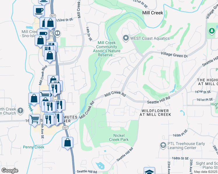 map of restaurants, bars, coffee shops, grocery stores, and more near 16020 Village Green Drive in Mill Creek