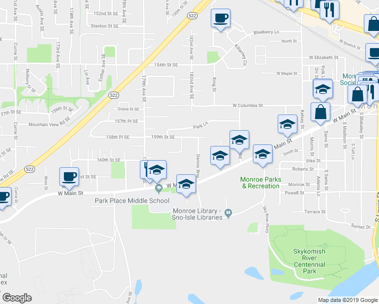 map of restaurants, bars, coffee shops, grocery stores, and more near 284 Dennis Way in Monroe