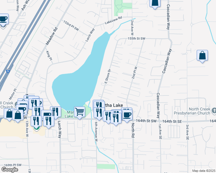 map of restaurants, bars, coffee shops, grocery stores, and more near 16011 East Shore Drive in Lynnwood