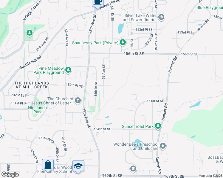 map of restaurants, bars, coffee shops, grocery stores, and more near 3610 159th Place Southeast in Mill Creek