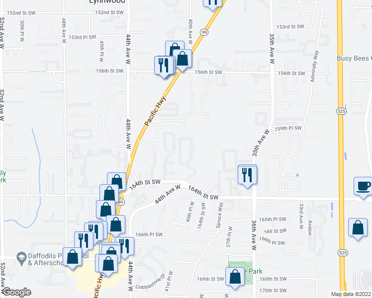 map of restaurants, bars, coffee shops, grocery stores, and more near 4015 164th Place Southwest in Lynnwood