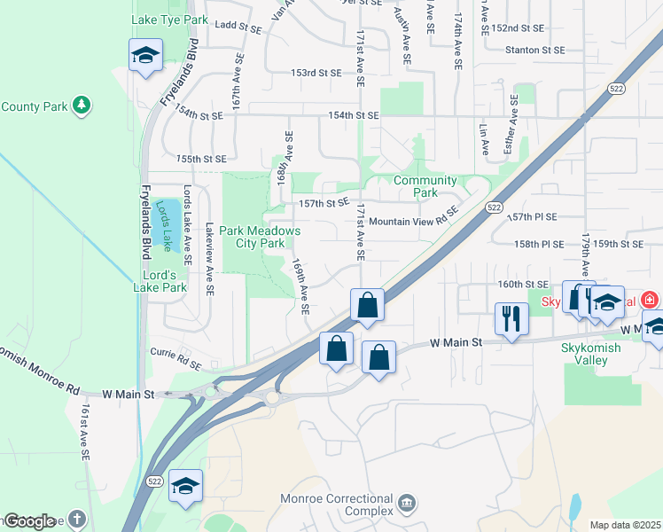 map of restaurants, bars, coffee shops, grocery stores, and more near 15945 Cascade Lane Southeast in Monroe