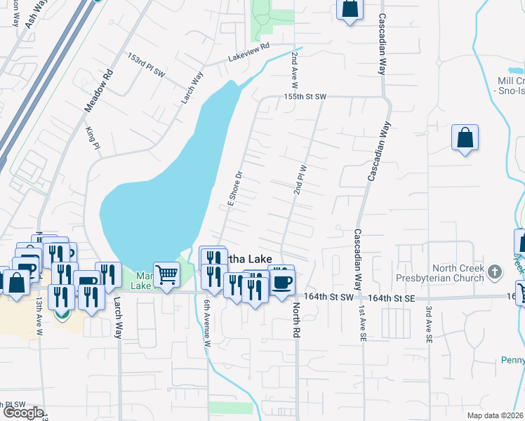 map of restaurants, bars, coffee shops, grocery stores, and more near 317 160th Place Southwest in Lynnwood